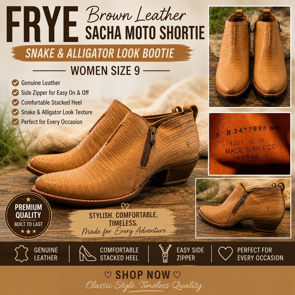 Frye Sacha Moto Shortie Brown Leather Snake Alligator Embossed Bootie 9‎ 3477996